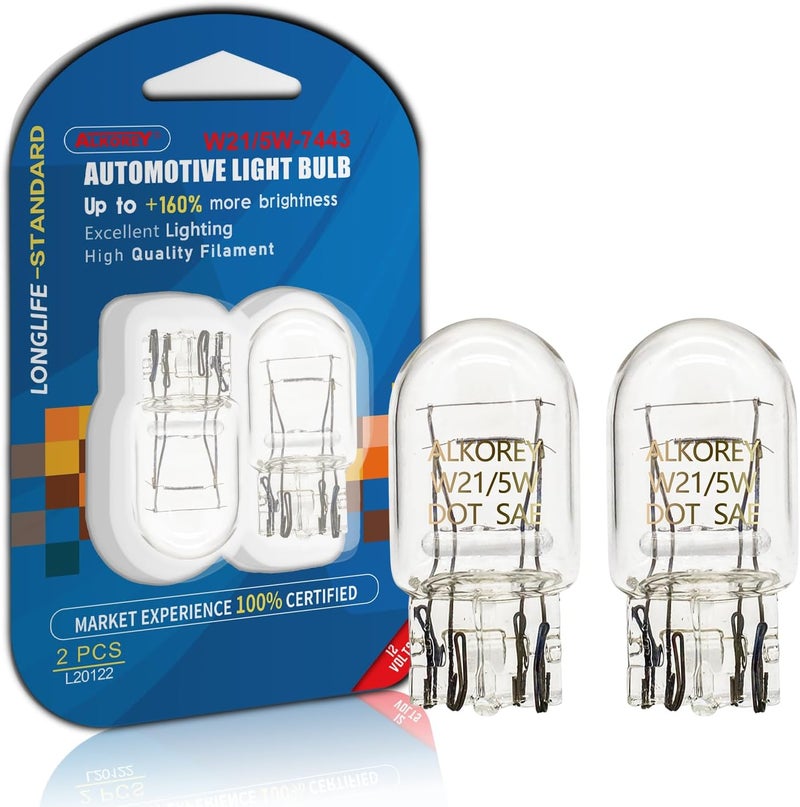 ALKOREY 7443 T20 W21/5W 12V 21/5W لمبات إضاءة عكسية، 2700K ضوء أبيض دافئ، لمبات فرامل خلفية، لمبات إشارة دوران، عبوة 2 - Image 1